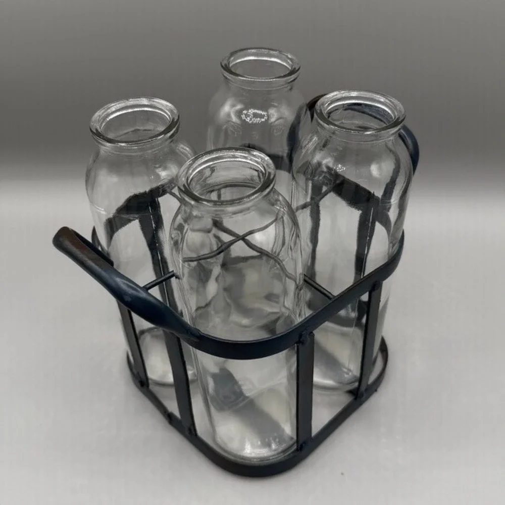 Farmhouse Glass Milk Bottle Set with Metal Wire Carrier Caddy 4 Piece Clear